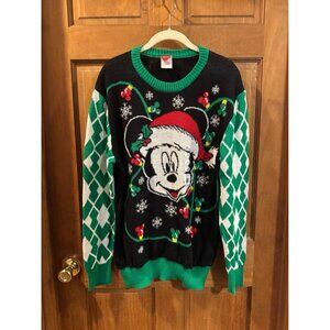 Mickey Mouse Mens Christmas Sweater Large Disney Lights NWT Black Green & White